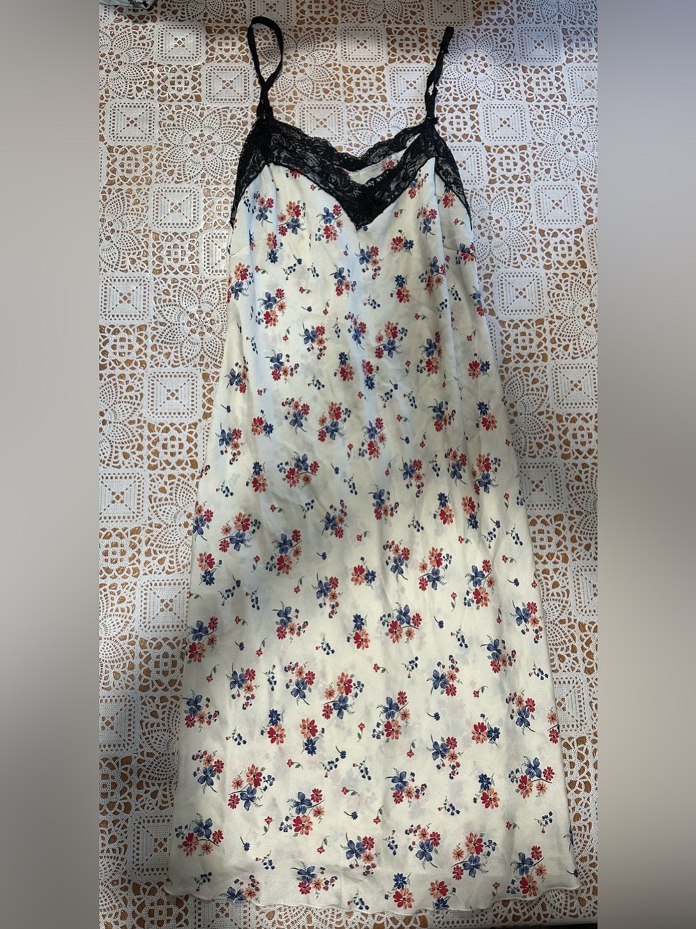 Say What? Floral Satin Slip Dress Black Lace Trim Size Large